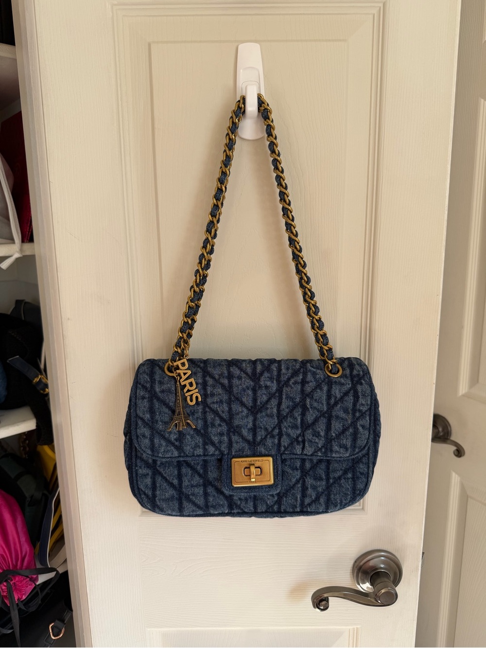 Karl Lagerfeld Paris Denim Quilted Agyness convertible Shoulder Bag Gold Chain - Picture 3 of 6